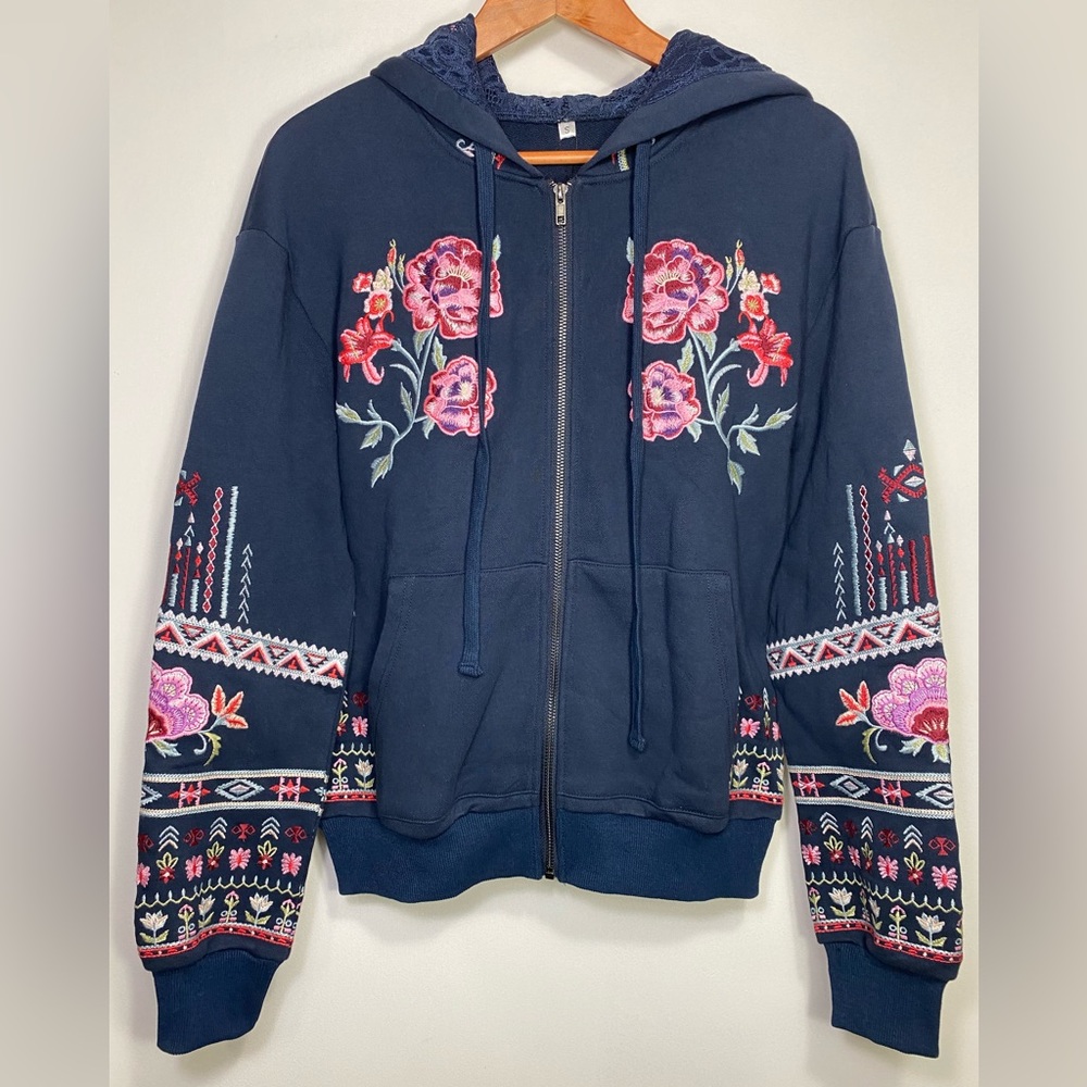 Floral Embroidery Navy Blue Boho Long Sleeves Sweatshirt Hooded Jackets, S - Picture 4 of 16